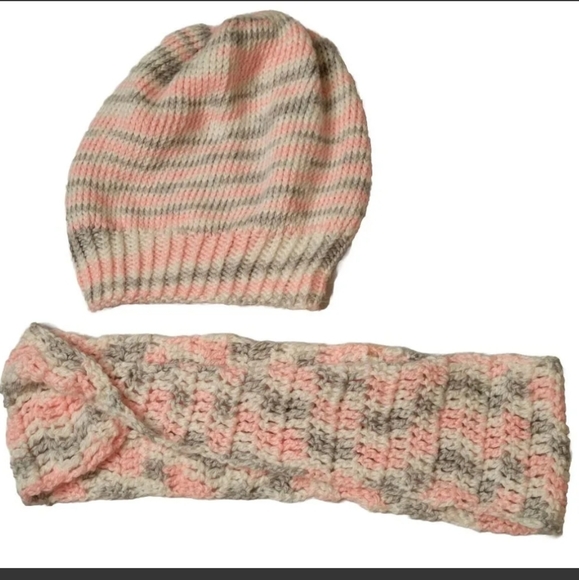 Handmade Crochet Beanie Hat And Scarf pink gray white - Picture 1 of 12